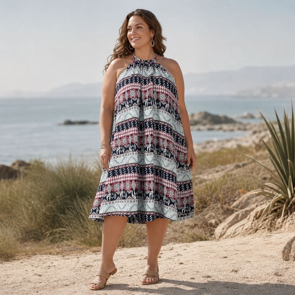 Boho Halter Midi Dress 2X Wedding Guest Resort Cruise Resort Summer Safari